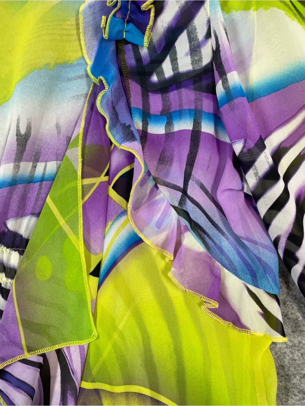VTG City Girl Y2K Silk Ruffle Cardigan Neon Abstract Medium Resort Boho Festival - Picture 7 of 16